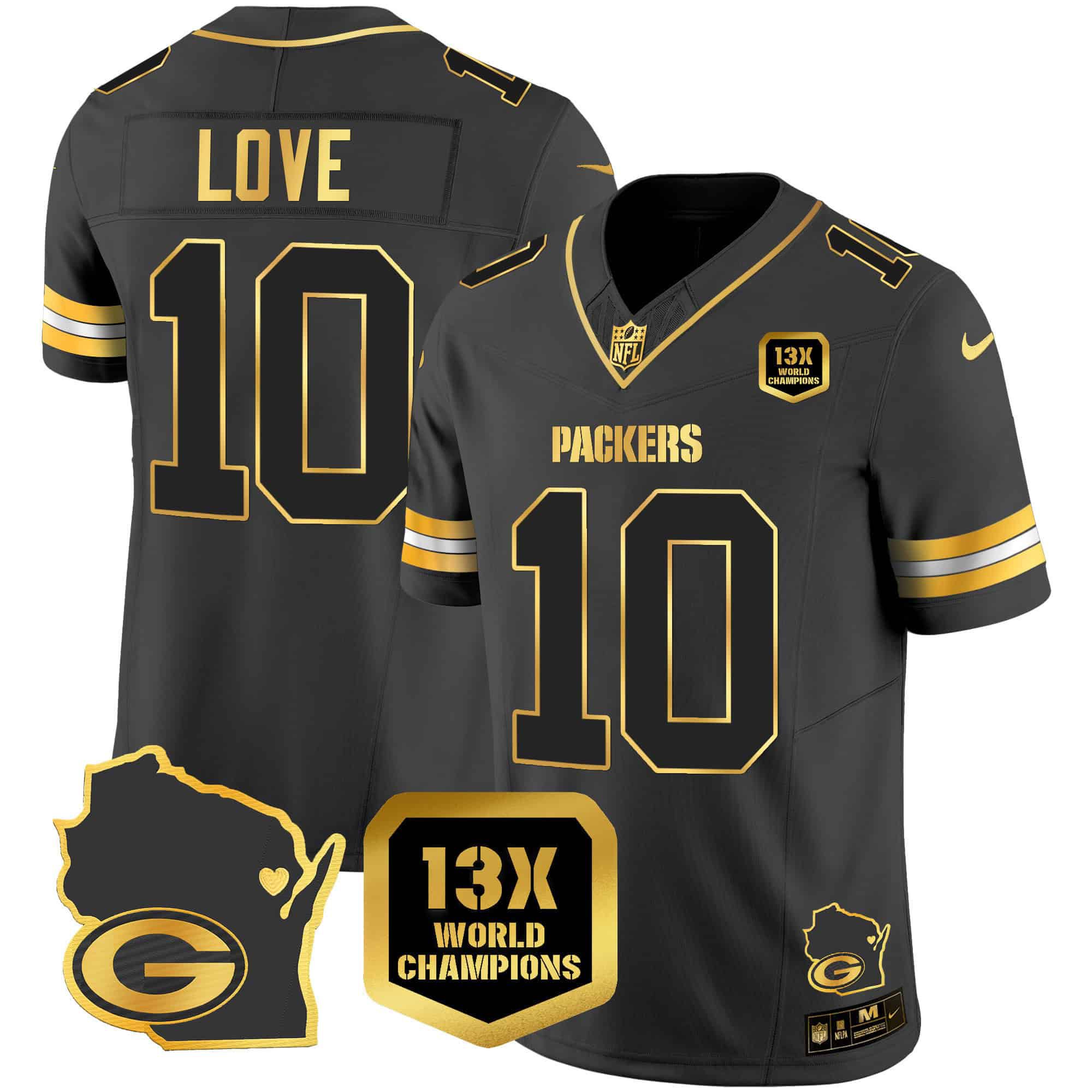 Men Green Bay Packers 10 Love Black Gold 2024 Nike World Champions Home Patch Vapor NFL Jersey style 2